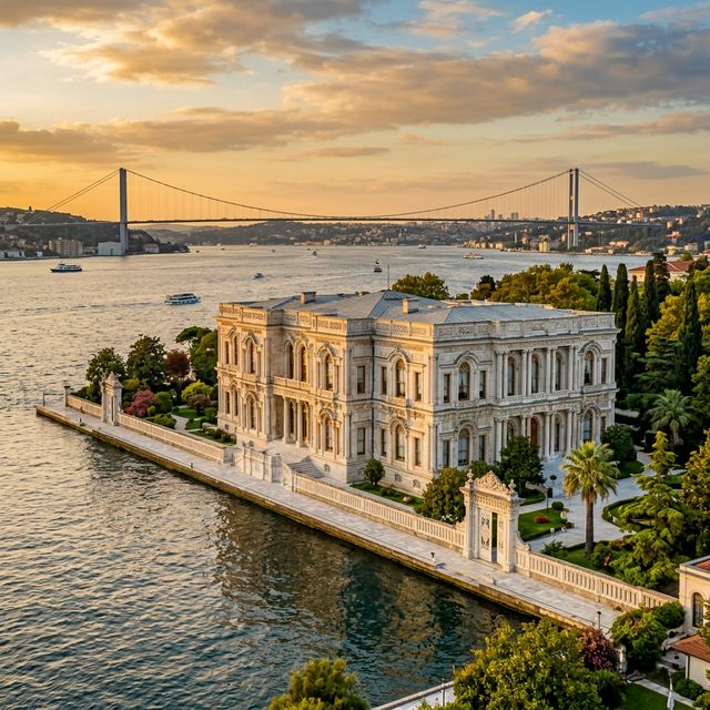 Beylerbeyi Palace exterior on the Bosphorus at golden hour